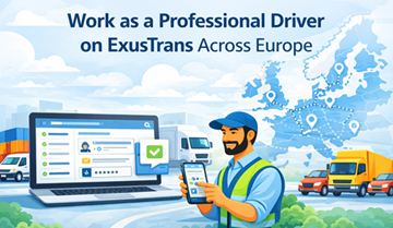Conductor profesional de camión utilizando la plataforma móvil y web de ExusTrans para gestionar trabajos de transporte, vehículos y entregas en toda Europa