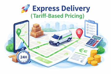 Transporte de entrega exprés con ruta del punto A al punto B, mostrando precios según distancia y envío rápido