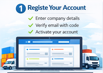 Registro de una cuenta de cliente en ExusTrans con datos de la empresa y verificación por correo electrónico