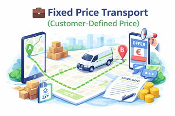 Orden de transporte a precio fijo con ruta del punto A al punto B, mostrando precio definido por el cliente y acuerdo con el transportista