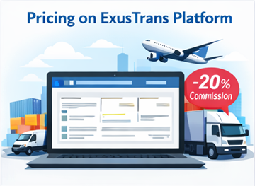 Panel de la plataforma de precios de ExusTrans que muestra opciones de transporte express, precio fijo y distribución con un sistema de comisión del 20%