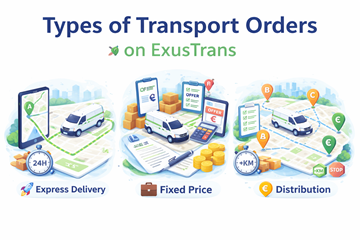 Resumen de órdenes de transporte exprés, precio fijo y distribución en ExusTrans con ilustración de planificación de rutas y precios