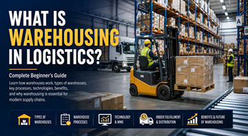 Almacén logístico moderno con estanterías, carretillas elevadoras, palés y trabajadores gestionando inventario en Europa